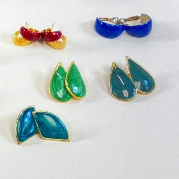 Vintage Enamel Earrings  Multicolor Teardrop Earrings Set Of 5 - Picture 1 of 2